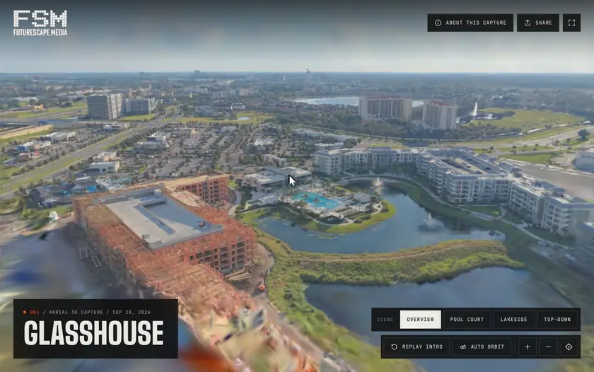 The client viewer: Overview, Pool court, Lakeside and Top-down views, then the About this capture panel