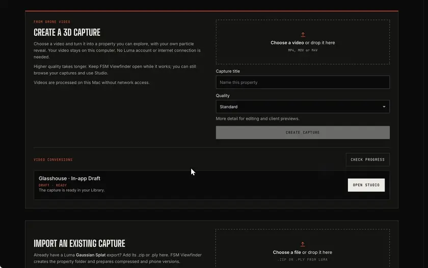 The Library's Create a 3D capture panel, a finished conversion, and the new Draft capture opening in Studio