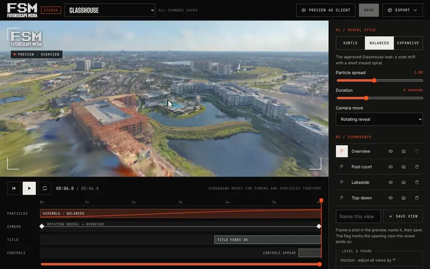 Studio's Export menu, the Save MP4 video dialog, and a finished export with music