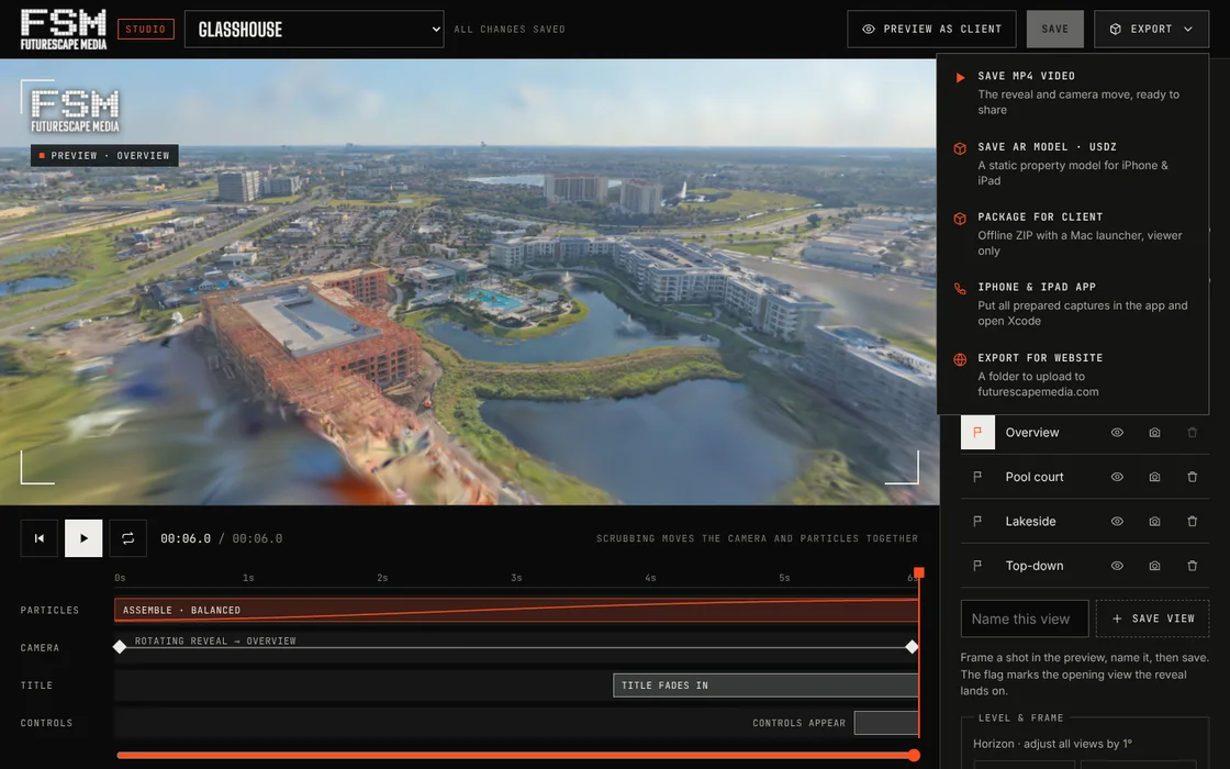 Studio's Export menu: Save MP4 video, Save AR model, Package for client, iPhone and iPad app, Export for website
